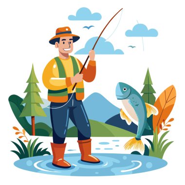 Çizgi filmdeki balıkçı elinde olta direği sanatı ile nehrin kenarında duruyor.