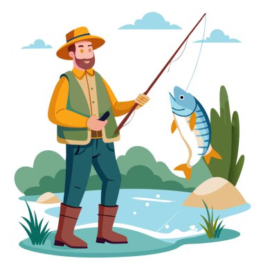 Çizgi filmdeki balıkçı elinde olta direği sanatı ile nehrin kenarında duruyor.