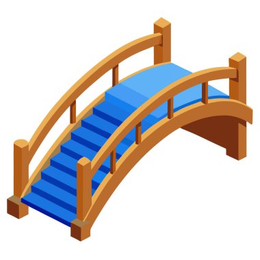 Isometric ahşap kemerli köprü cesur mavi adımlar ve küp tepeli iletiler vektör ilüstrasyonları fantezi oyun ortamları, manzara tasarımı varlıkları, park sahneleri ve dijital bahçe dekorasyonu için mükemmeldir.
