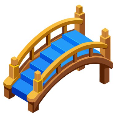 Isometric ahşap kemerli köprü cesur mavi adımlar ve küp tepeli iletiler vektör ilüstrasyonları fantezi oyun ortamları, manzara tasarımı varlıkları, park sahneleri ve dijital bahçe dekorasyonu için mükemmeldir.