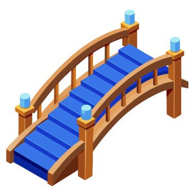 Isometric ahşap kemerli köprü cesur mavi adımlar ve küp tepeli iletiler vektör ilüstrasyonları fantezi oyun ortamları, manzara tasarımı varlıkları, park sahneleri ve dijital bahçe dekorasyonu için mükemmeldir.