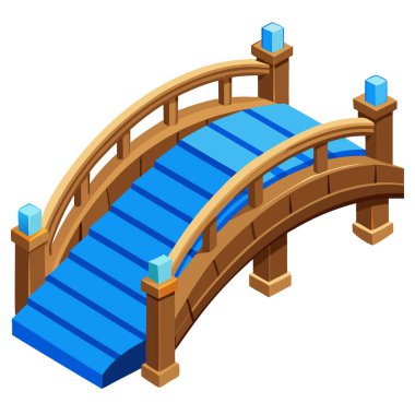 Isometric dekoratif ahşap kemerli köprü parlak mavi basamaklar ve değerli direkler vektör çizimleri bahçe manzaraları, fantezi haritaları, dijital park sahneleri ve mimari grafikleri için idealdir.
