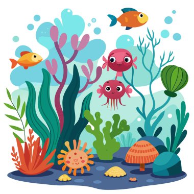 Şirin balık ve bitkilerle dolu su altı dünyası.