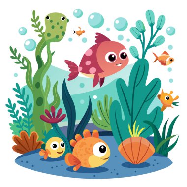 Şirin balık ve bitkilerle dolu su altı dünyası.