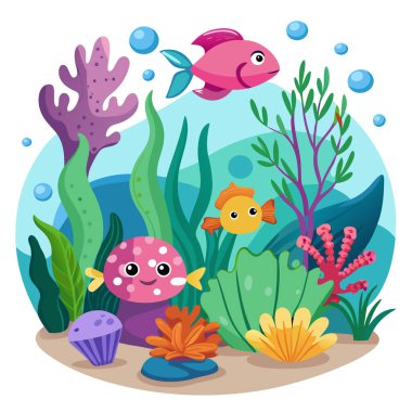 Şirin balık ve bitkilerle dolu su altı dünyası.