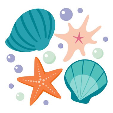 Mavi deniz kabukları, turuncu ve pembe deniz yıldızları ve pastel baloncuklar içeren şirin bir su altı vektör demeti. Yaz çocukları için mükemmel el sanatları, deniz partisi dekoru, kıyı baskıları ve okyanus klipleri.