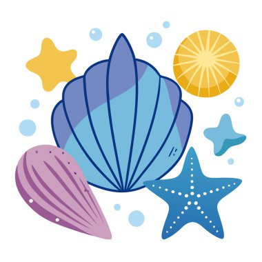 Çocuklar için mükemmel sarı okyanus şekilleri ve baloncukları olan kaprisli mavi ve mor deniz yıldızı vektör demetleri yaz el sanatları, plaj temalı davetiyeler, deniz dekoru çıkartmaları ve deniz ürünleri setleri.
