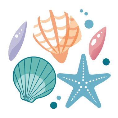 Teal deniz kabuğu ve deniz yıldızı vektör demetinde yumuşak kabarcıklar ve şeftali rengi deniz elementleri okyanus temalı çocuklar için mükemmel el sanatları, yaz dijital koleksiyon defteri, parti dekorasyonları ve plaj basılabilir tabloları