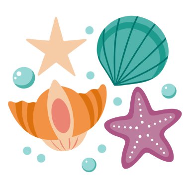 Deniz kabuğu ve denizyıldızı vektör demetinde pastel deniz ikonları, okyanus kabarcıkları ve açık deniz kabuğu kıyı partisi dekorasyonu, sualtı çocuk el sanatları ve plaj temalı baskılar için mükemmel.