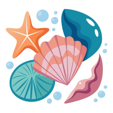 Pastel deniz kabuğu ve denizyıldızı vektör kümesi okyanus kabarcıkları, renkli sualtı elementleri ve deniz dekoru yaz tasarımları, hatıra defteri, plaj partileri ve DIY el sanatları için mükemmel