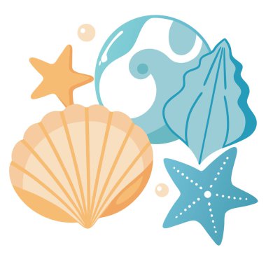 Deniz yıldızı, okyanus kabuğu ve su kabarcığı simgeleriyle renklendirilmiş deniz elementleri vektör ilülasyonu, sahil temalı el sanatları, yaz çıkartmaları, süblimleşme tasarımları, kriket projeleri ve davetiyeler için mükemmel.