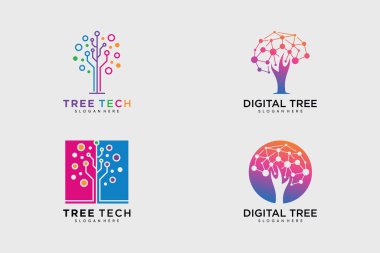 Yaratıcı fikri olan teknoloji için dijital ağaç logosu tasarım vektör koleksiyonu