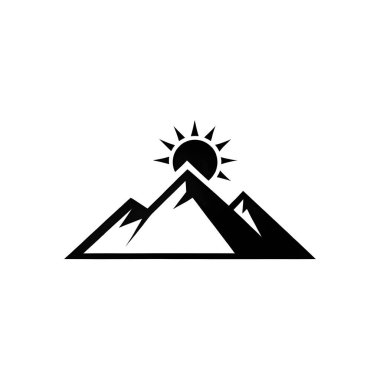Açık hava macera markaları için mükemmel parlayan güneşi olan minimalist siyah beyaz dağ silindirli bir logo. 