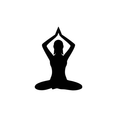 Yoga pozu vermiş bir kadının silueti, sağIık, rahatlama ve ruhsal denge için meditasyon yapıyor..