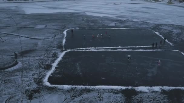 冬の日にホッケーをする子供たちが訓練する凍った湖の鳥の目の景色 高品質のフルHd映像 — ストック動画