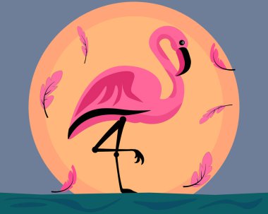 Pink flamingo on the background of the big sun. Vector drawing clipart