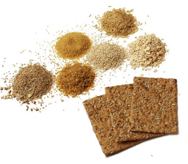 Tam tahıllı mercimek, keten tohumu, erişte ve ekmek gibi ürünler. Makarna ve ekmek için çeşitli tahıllar ya da vejetaryen meze olarak. Mercimek, keten tohumu, bulgur ve kuskus, tam tahıllı pirinç, yulaf gevreği, susam, erişte, cips ve kinoa.. 