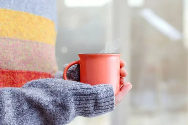 Kadın ellerinde bir fincan sıcak çay. Bir kış sabahı sıcak bir içki.