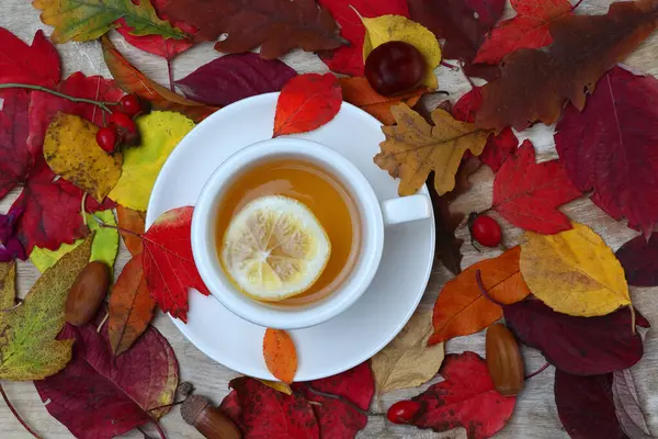 Sonbahar yapraklarıyla kaplı ahşap bir masanın üzerinde bir fincan çay..