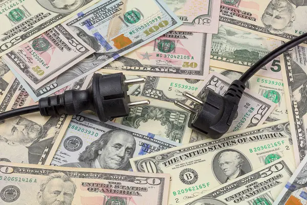 Banknotların arka planına karşı ev aletlerinin elektrik kabloları. Tasarruf ve makul elektrik tüketimi kavramı.