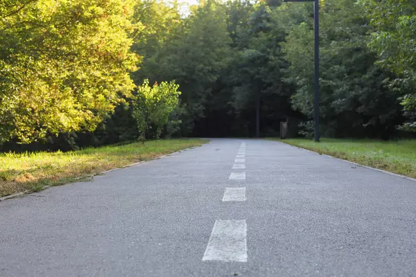 Güneşli bir sabahta parkta koşu bandı, sağlıklı bir yaşam tarzına davetiye olarak.