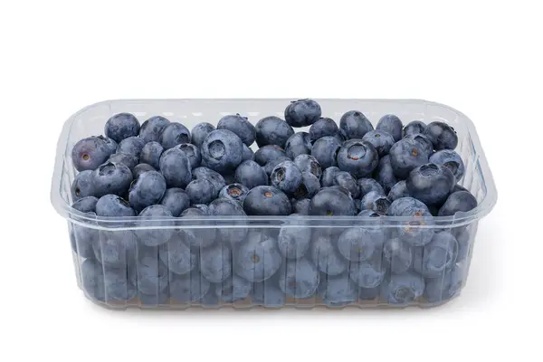 Beyaz arka planda izole edilmiş plastik bir kapta yaban mersini..