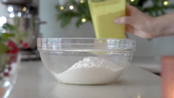 Pouring Wheat Flour Bowl Preparation Baking Christmas Cookies — Vídeo de Stock