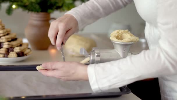Preparation Handmade Christmas Pastry Cutting Dough Pressed Mincer — Vídeos de Stock