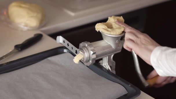 Pressing Dough Grinder Prepare Traditional Christmas Cookies — Video