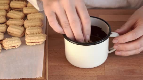 Dipping Homemade Christmas Cookies Filled Marmalade Hot Chocolate — Vídeos de Stock