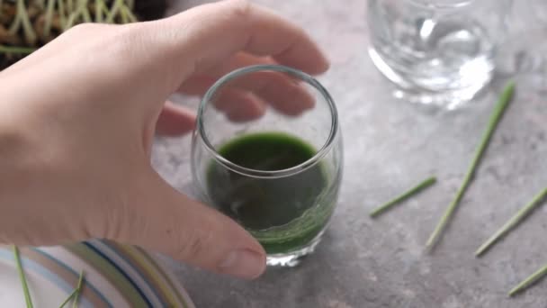 Hand Taking Glass Fresh Green Barley Grass Juice — Vídeos de Stock