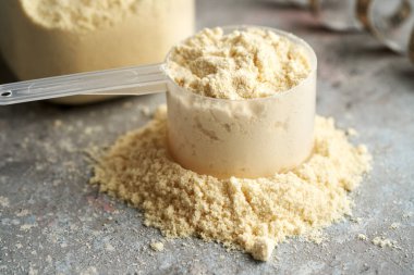 Whey protein powder in a plastic measuring spoon on a table