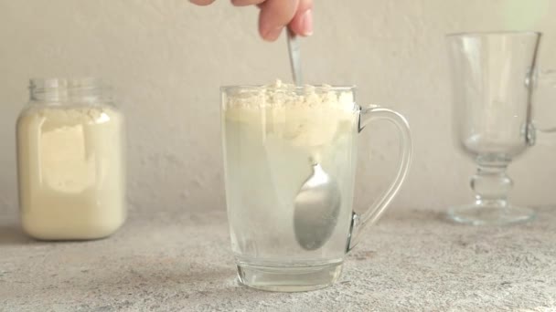 Stirring Vanilla Flavored Whey Protein Powder Glass Water Slow Motion — Stockvideo