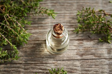 A bottle of aromatherapy essential oil with fresh thyme