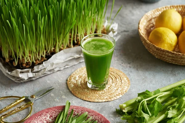A glass of fresh green barley grass juice with celery and lemon on a table