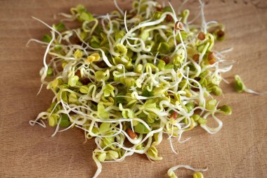 Tahta bir masada taze yetişmiş turp yığını.