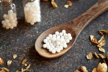 Tahta bir kaşıkta kurumuş otlarla homeopatik küreye yakın çekim