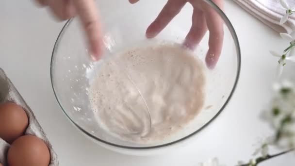 Whisking Fresh Yeast Milk Sugar Prepare Dough Starter Bake Easter — Stock Video