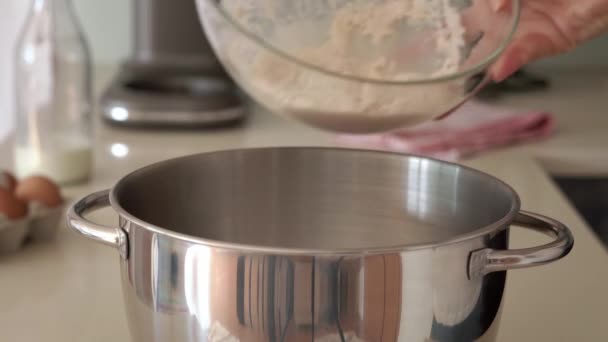 Pouring Yeast Starter Stainless Steel Bowl Prepare Dough Sweet Pastry — Stock Video