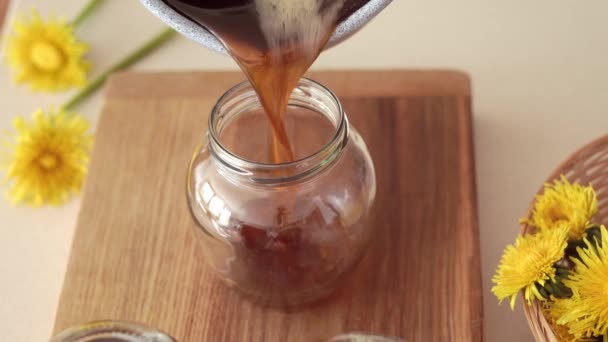Preparation Called Dandelion Honey Pouring Hot Homemade Herbal Syrup Glass — Stock Video