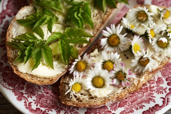 Lawn daisy and ground elder - fresh wild edible plants on slices of bread