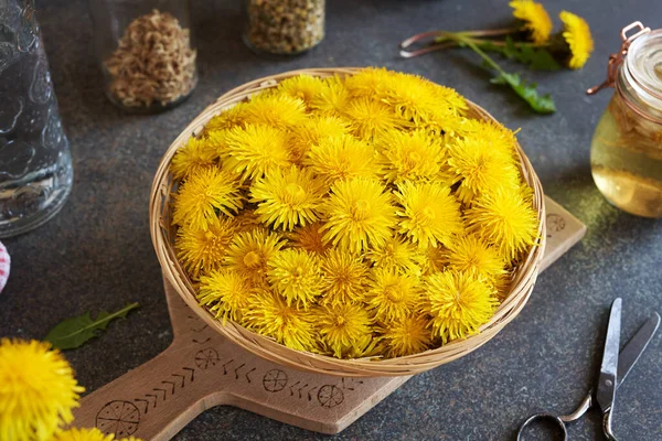 Fresh Dandelion Flowers Collected Spring Table Indoors — Stock Photo, Image