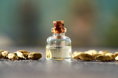 Cam bir şişe aromaterapi güneş ışığında kakule tohumlu gerekli yağ.