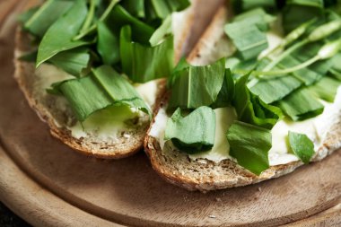 Doğranmış taze yaban sarımsağı ya da Ramson yaprakları bir dilim ekşi ekmek ve tereyağlı.