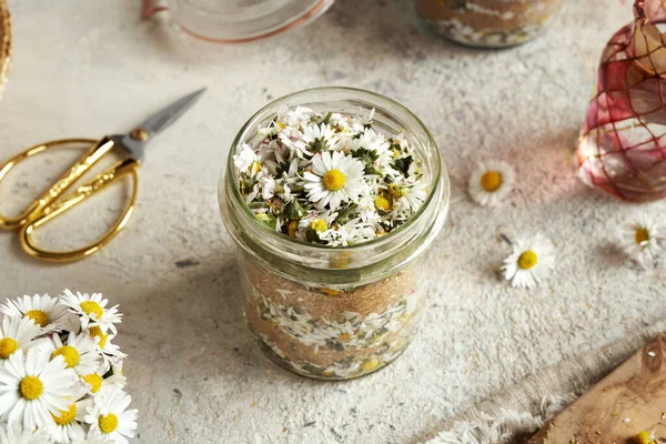 新鮮な芝生のデイジーの花やガラス瓶にサトウキビの砂糖から自家製のハーブシロップの準備 — ストック写真
