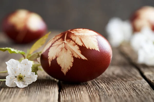 Kahverengi Paskalya Yumurtaları Soğan Kabuklarıyla Boyanmış Yaprak Desenleri Var Yaklaş — Stok fotoğraf