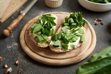 Taze yabani sarımsak yaprakları ve tomurcuklar bir masanın üzerinde mayalı ekmek dilimleri üzerinde