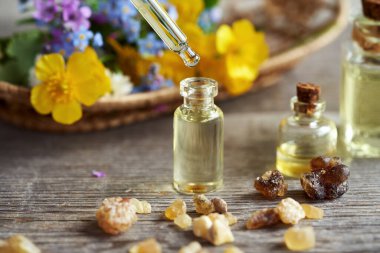 Bir şişe aromaterapi. Gerekli yağ, tütsü reçinesi ve renkli bahar çiçekleri.