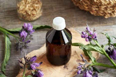 Taze çiçek açmış bitkisel bir tentür ya da Smphytum officinale bitkisi.