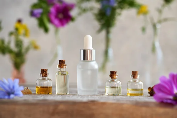 Beş Şişe Aromaterapi Tütsü Reçinesi Bitkiler Çiçeklerle Gerekli Yağlar — Stok fotoğraf
